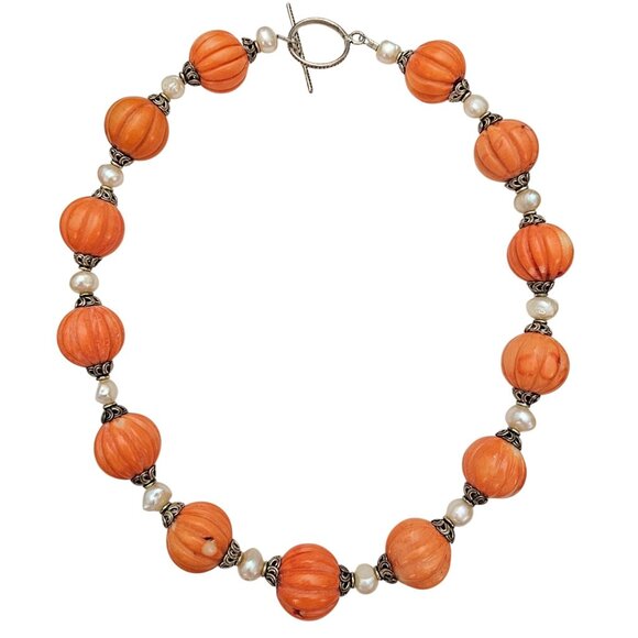 Sterling Silver Pumpkin Coral Baroque Pearl Strand Necklace, 20" Long - Picture 9 of 9
